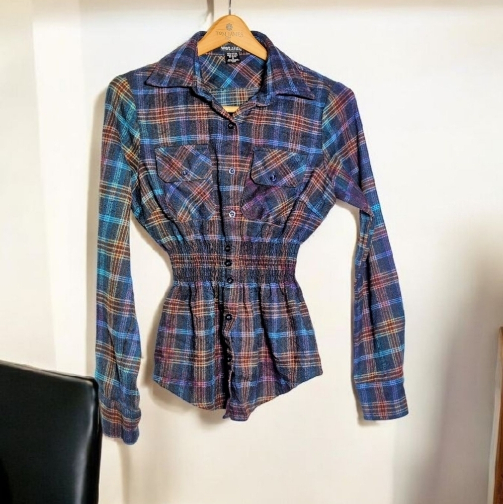 Vintage Wet Seal Sz S Plaid Button-Up Shirt with Smocked Waist